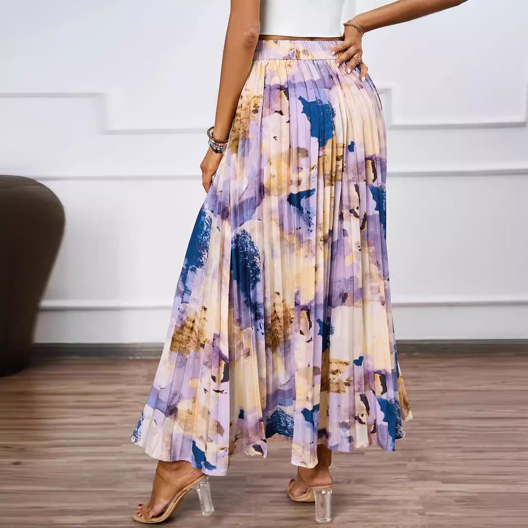 Women's pleated skirt with colorful watercolor pattern and elegant waist Lisslune