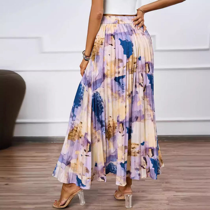 Women's pleated skirt with colorful watercolor pattern and elegant waist Lisslune