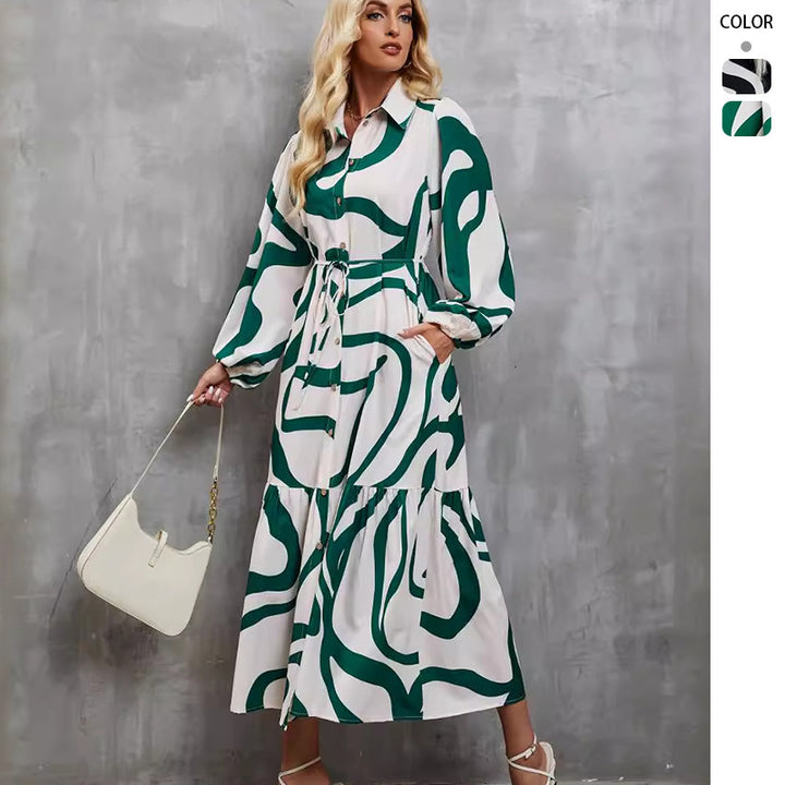 Women's Long Sleeve Dress with Sophisticated Graphic Design and Elegant Waist Belt Lisslune