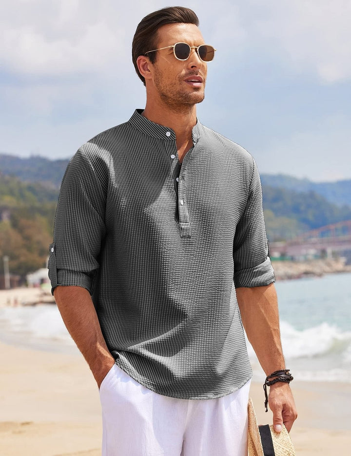 Men's long sleeve shirt with textured surface and modern stand-up collar Lisslune