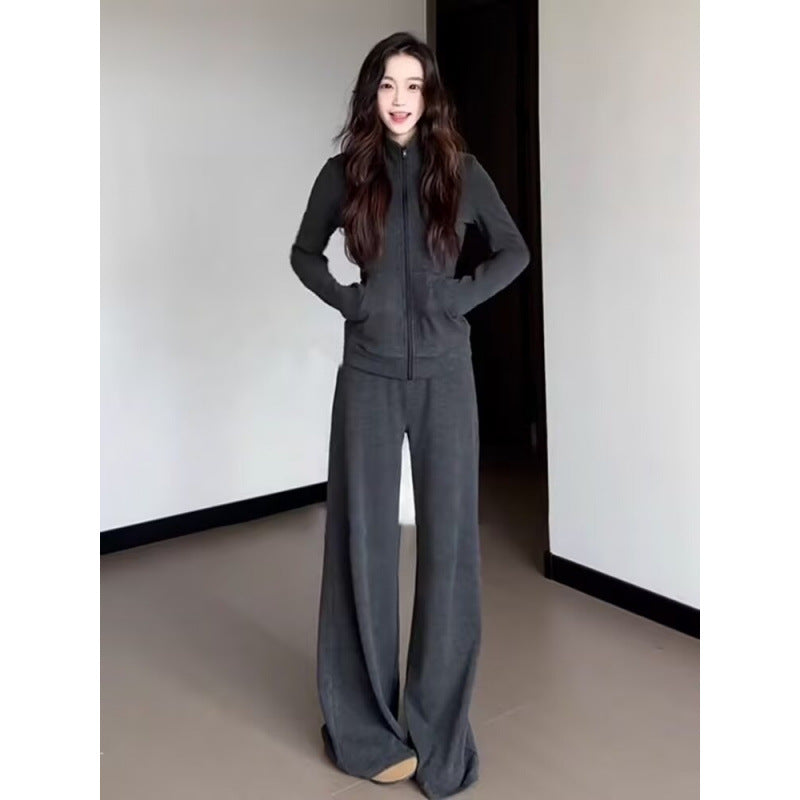Women's Sporty Fleece Tracksuit Set with Loose Fit and High Collar Lisslune