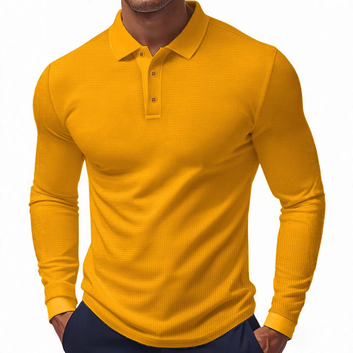 Men's Long Sleeve Polo Shirt with Textured Surface and Classic Collar Lisslune