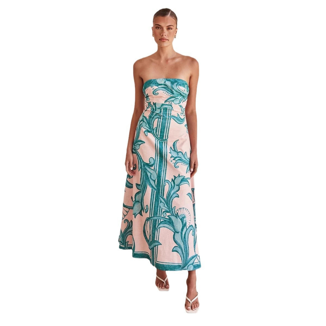 Women’s Strapless Maxi Dress with Floral Design and Elegant A-Line Cut