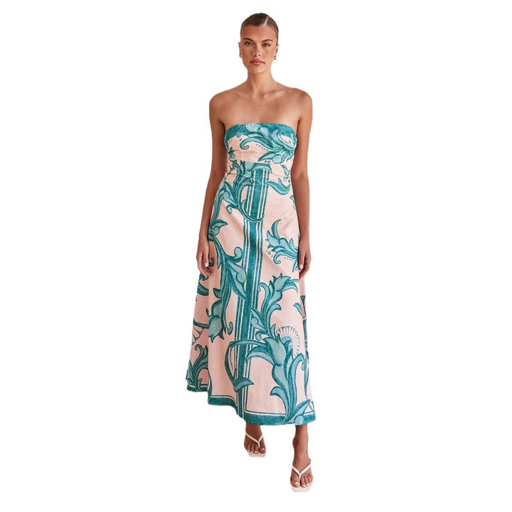 Women’s Strapless Maxi Dress with Floral Design and Elegant A-Line Cut