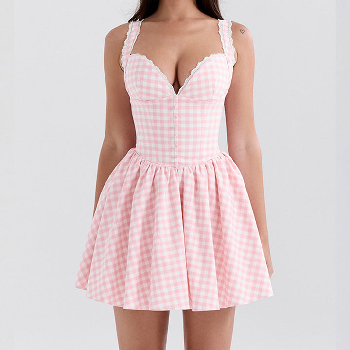 Women's Playful Checkered Dress with Deep V-Neck and Ruffle Details Lisslune
