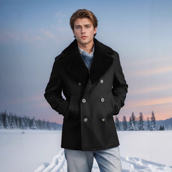 Men's elegant wool coat with high closed fur collar Lisslune