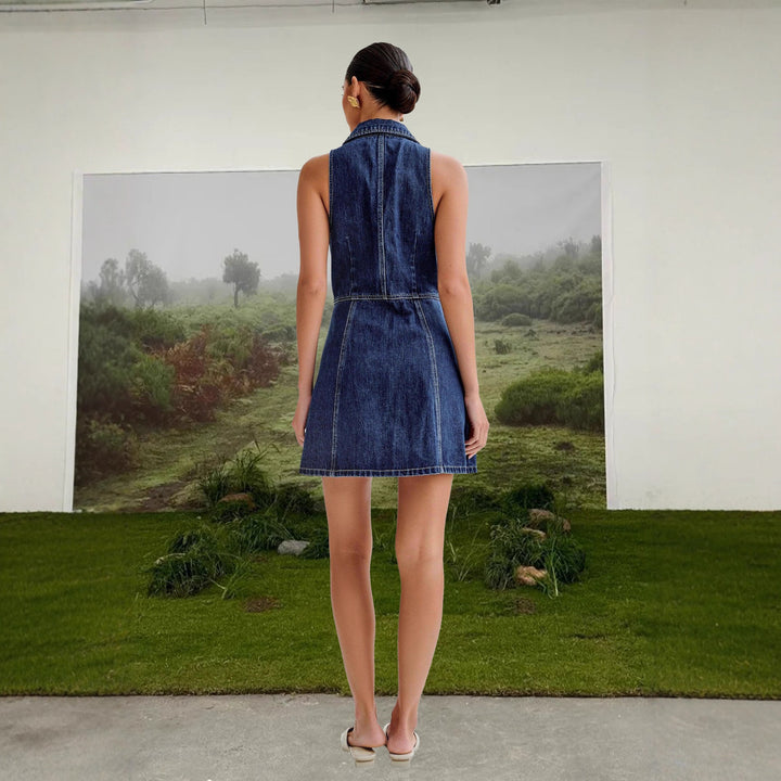 Women's denim dress with modern lapel collar and button details Lisslune