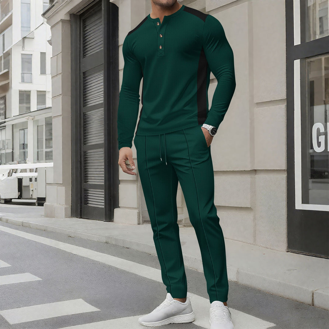 Men's leisure suit with textured long-sleeve top and elegant trousers Lisslune