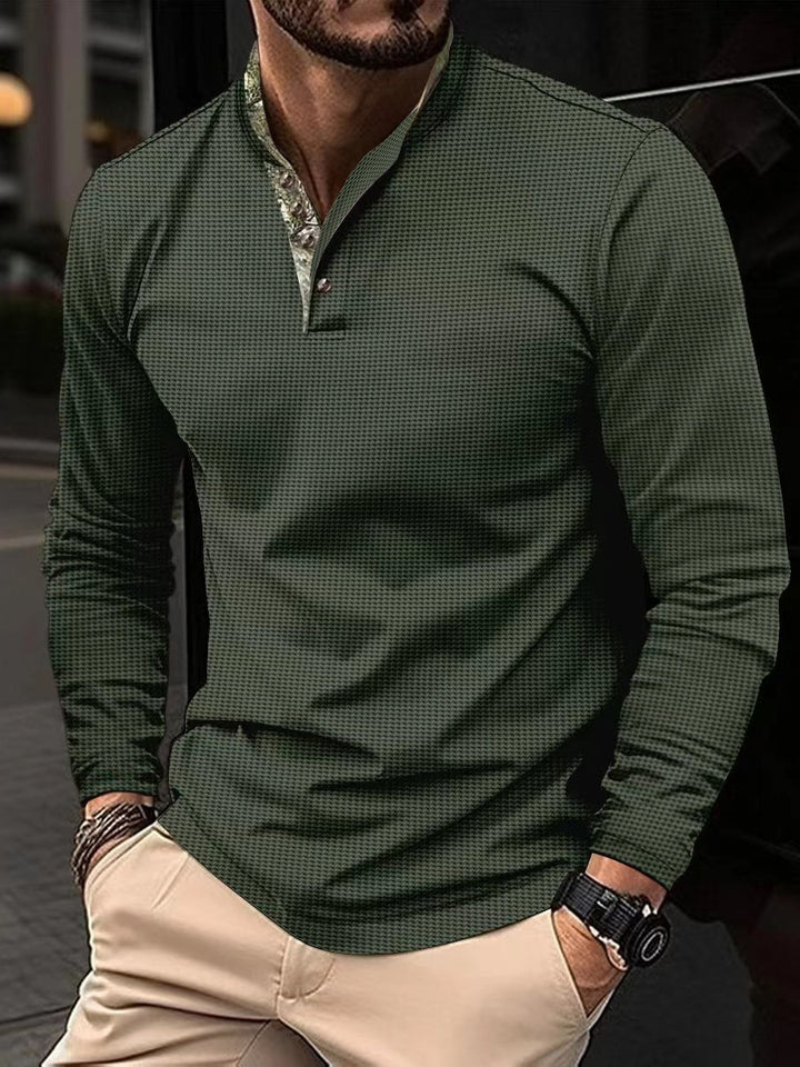 Men's long sleeve polo shirt in modern checked design with stand-up collar and button placket Lisslune