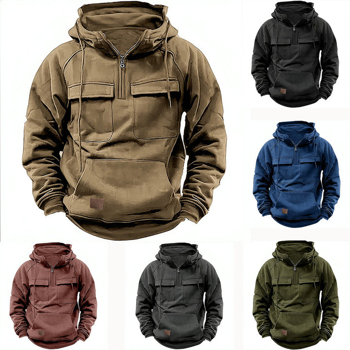 Men's casual hoodie with practical pockets and synthetic leather details Lisslune