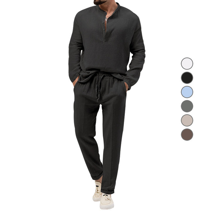 Men's leisure set made of breathable material with button placket and elastic waistband Lisslune