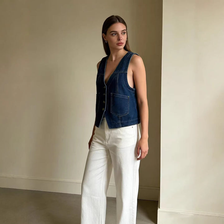 Women's Casual Denim Vest with Button Details and Patch Pockets Lisslune