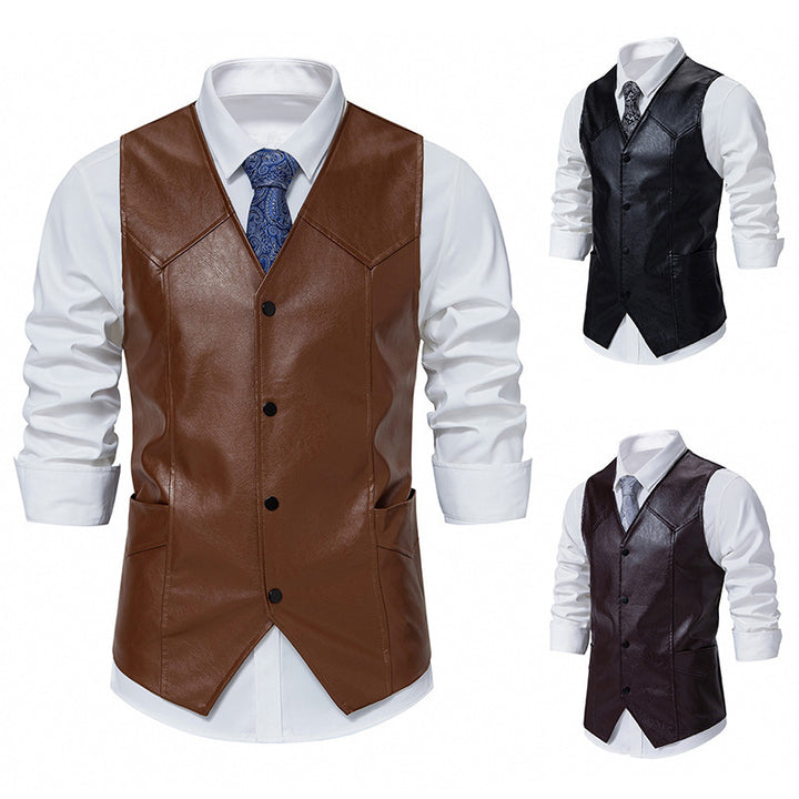 Men's elegant synthetic leather vest with classic pockets Lisslune