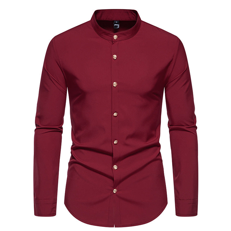 Men's long-sleeved shirt with modern standing collar and elegant button details Lisslune