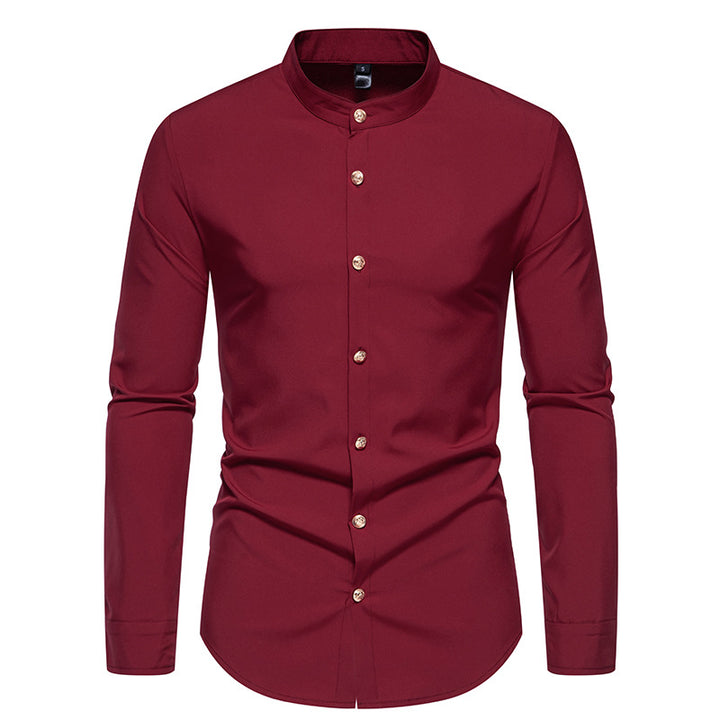 Men's long-sleeved shirt with modern standing collar and elegant button details Lisslune