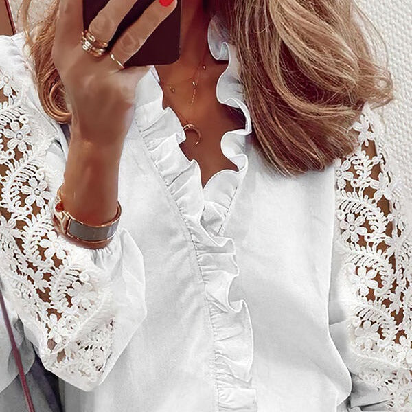 Women's elegant blouse with ruffle details and lace sleeves Lisslune