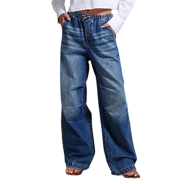 Women's Wide Denim Pants with Elastic Waist and High Pockets Lisslune