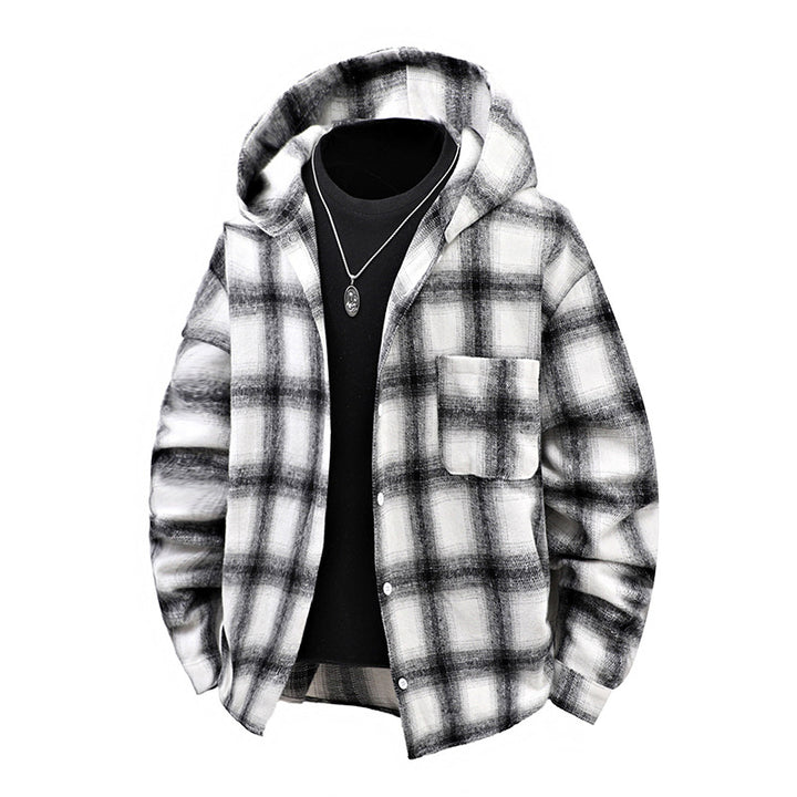 Men's Casual Checkered Mold Cover with Hood and Button Design Lisslune