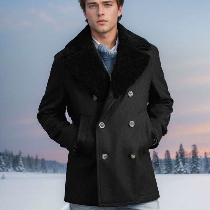 Men's elegant wool coat with high closed fur collar Lisslune
