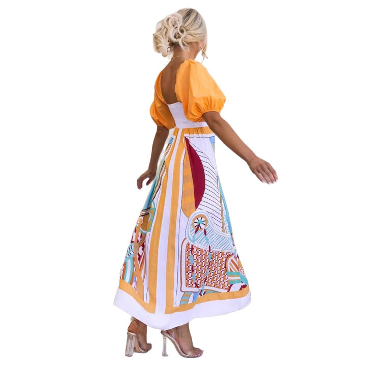 Ladies' maxi dress with creative art print and puff sleeves