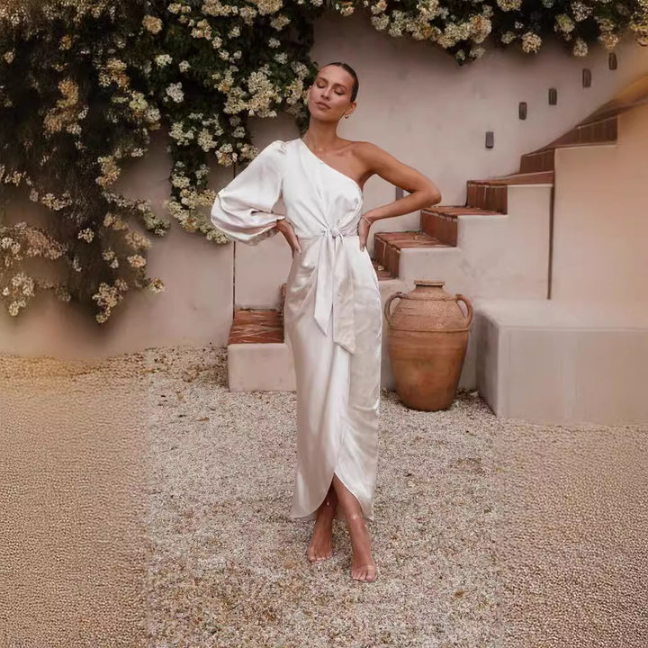 Ladies wrap dress with asymmetric design and elegant waist belt Lune London