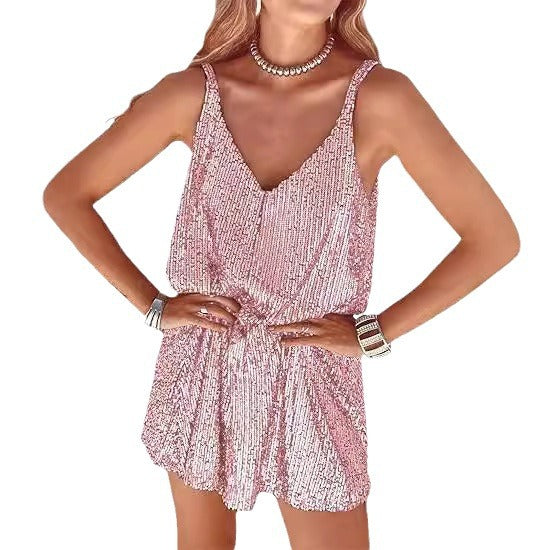 Women's Shimmering Jumpsuit with Deep V-Neck and Elastic Waist Lisslune