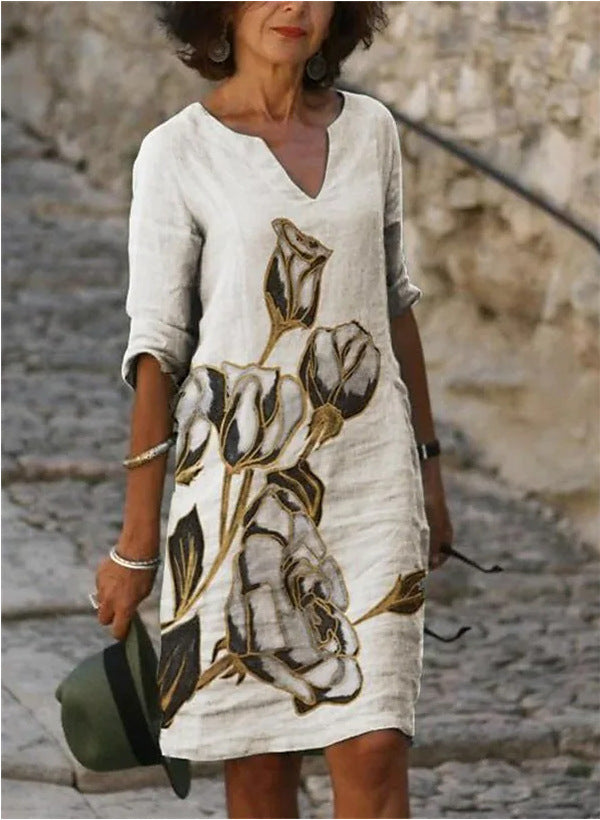 Women’s casual dress with floral design and V-neck