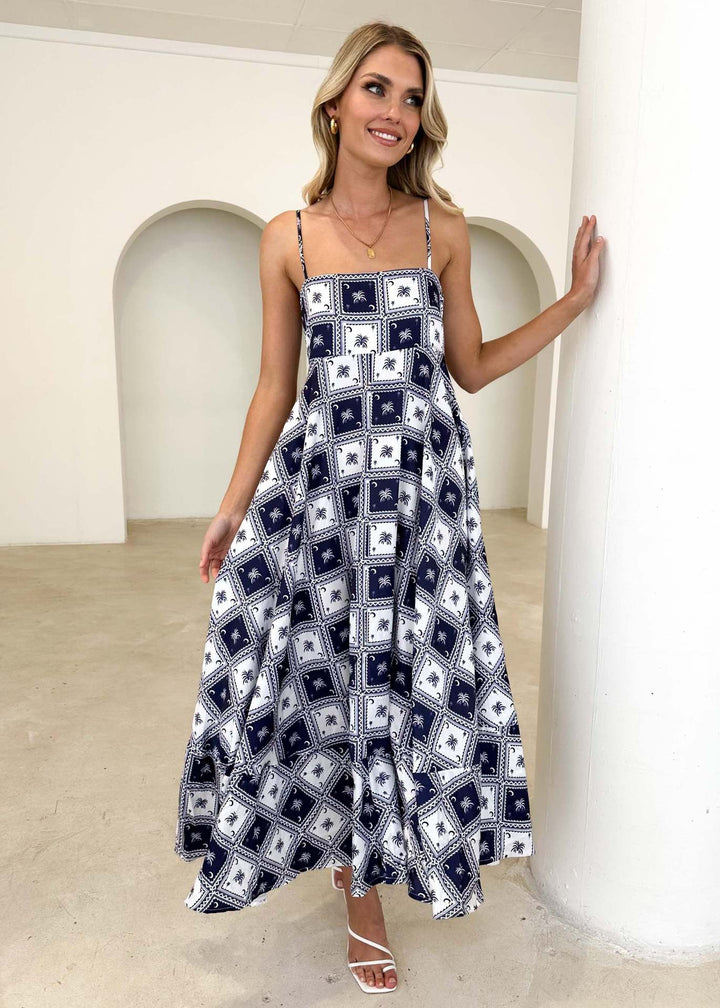 Ladies maxi dress with modern graphic patterns and thin straps Lisslune