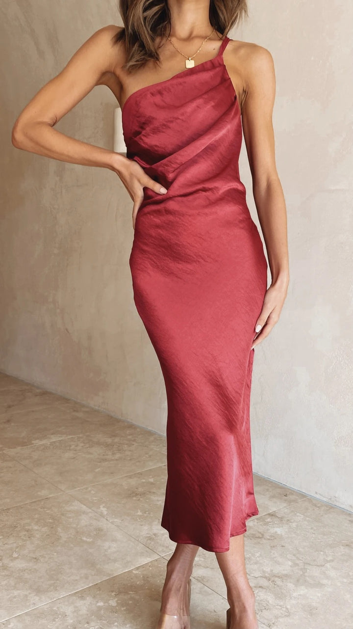 Women's satin midi dress with asymmetrical cut and elegant flair Lune London