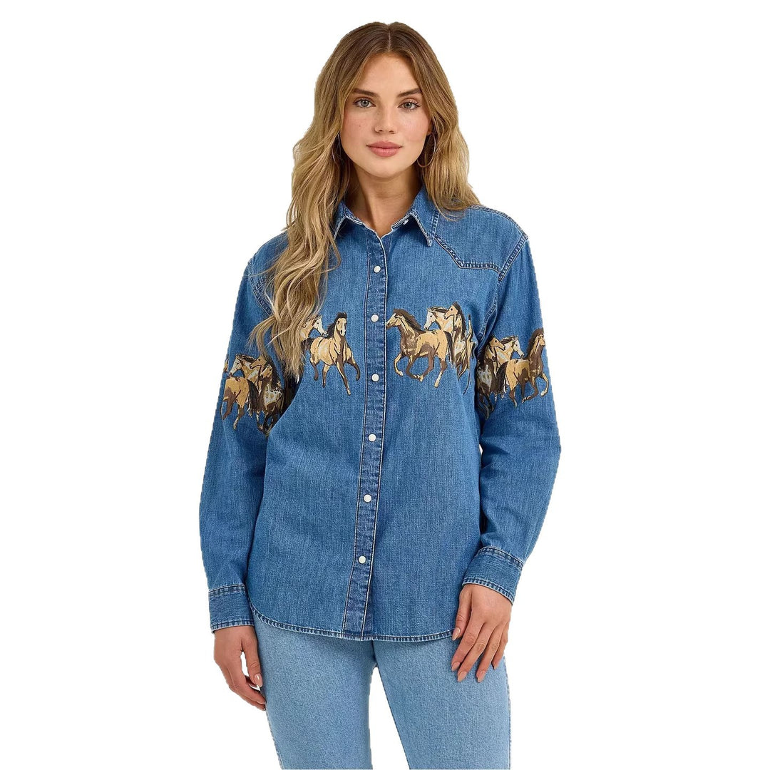 Ladies' denim shirt with creative horse design and high-quality cotton blend Lisslune