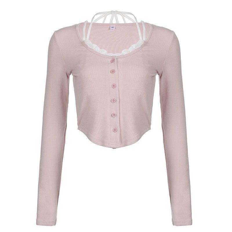Women's Cropped Long Sleeve Shirt with Playful Button Placket Design and Refined Strap Details