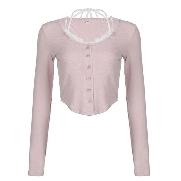 Women's Cropped Long Sleeve Shirt with Playful Button Placket Design and Refined Strap Details