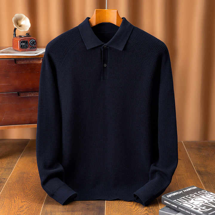 Men's Fine Knit Pullover with Classic Polo Collar and Fashionable Ribbed Structure Lisslune