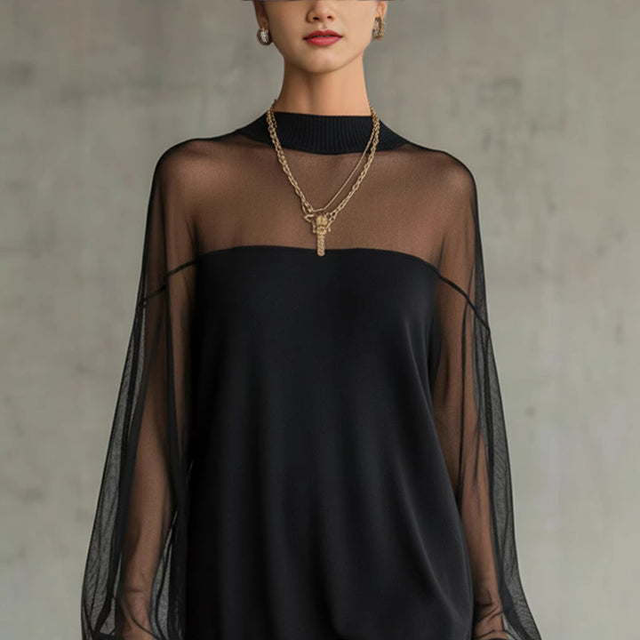 Women's Airy Mini Dress with Transparent Sleeve Parts and Stylish High Neck Lisslune