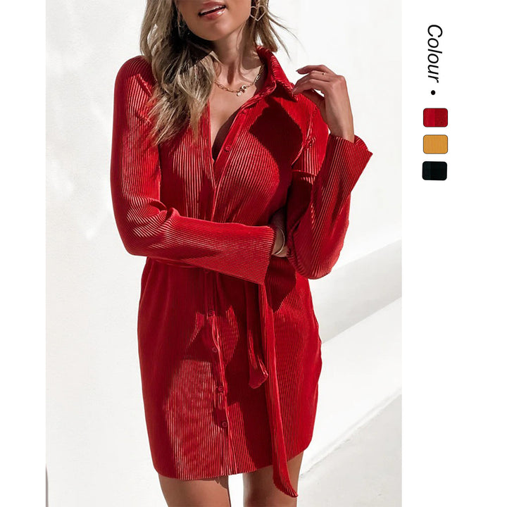 Women's shirt dress with adjustable belt and fine texture design