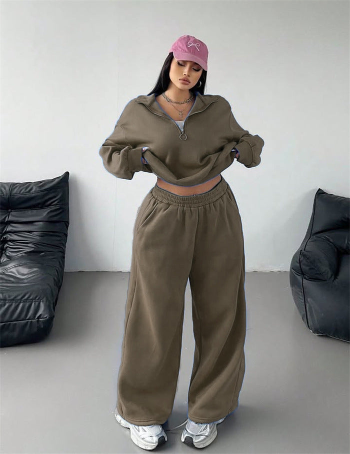 Women's sporty fleece loungewear set with high collar and loose fit Lisslune