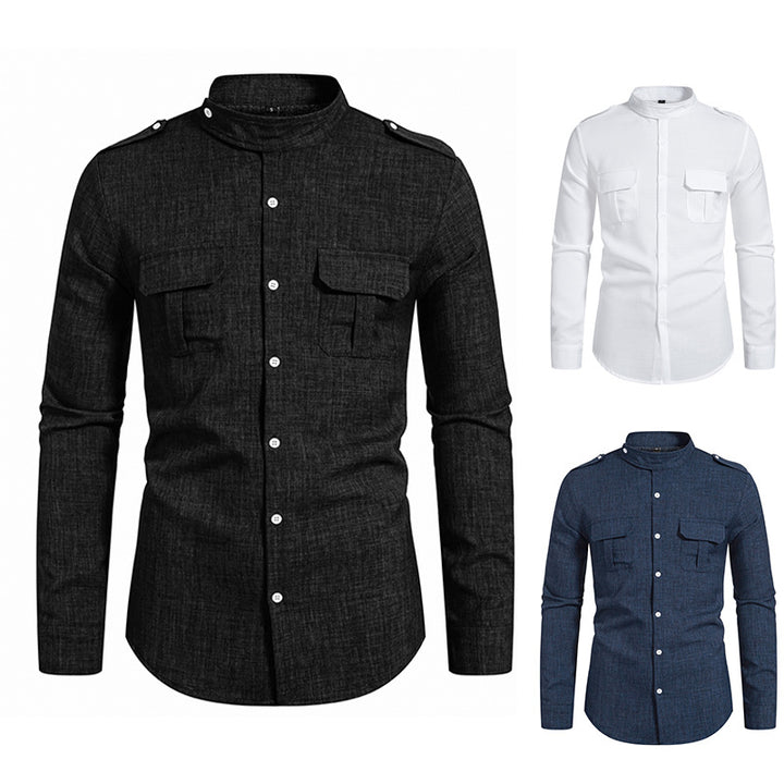 Men's long sleeve shirt with elegant breast pockets and modern stand-up collar Lisslune
