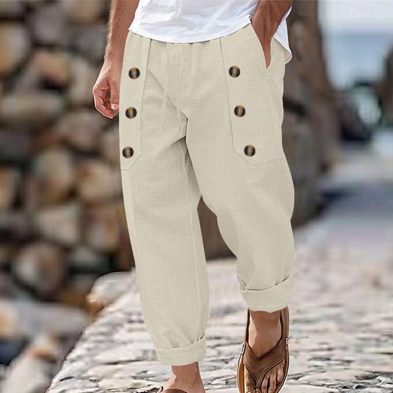 Men's airy cut summer pants with side buttons and elastic waistband Lisslune