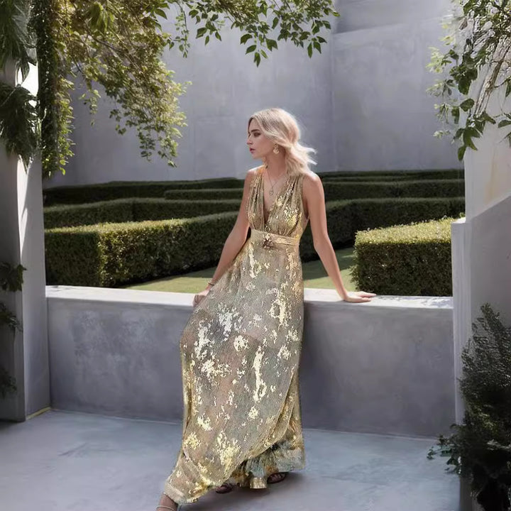 Women's Elegant Maxi Dress with Delicate Gold Pattern and V-neck