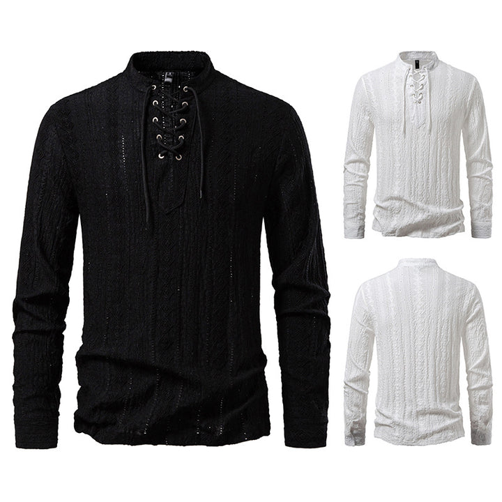 Men's long sleeve shirt with unique textured pattern and drawstring Lisslune