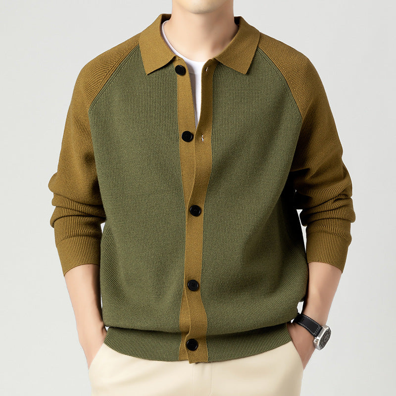 Men's Fashionable Cardigan with Contrasting Sleeves and Button Placket Lisslune