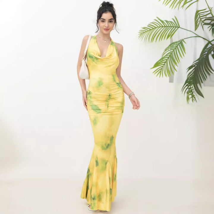 Ladies maxi dress with airy cowl neck and elegant ruffle details