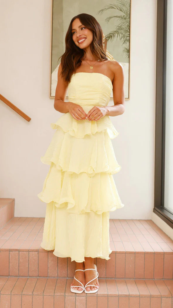 Women’s maxi dress with voluminous ruffles and off-the-shoulder design Lune London