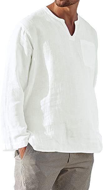 Men's linen shirt with casual V-neck and practical chest pocket Lisslune