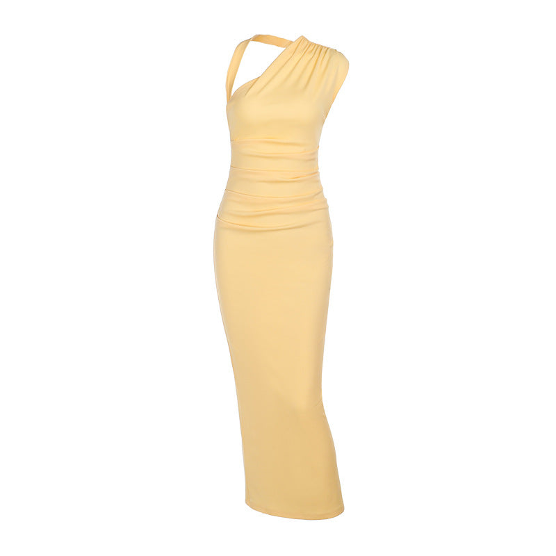 Ladies elegant wrap evening dress with asymmetrical halter design and form-fitting cut