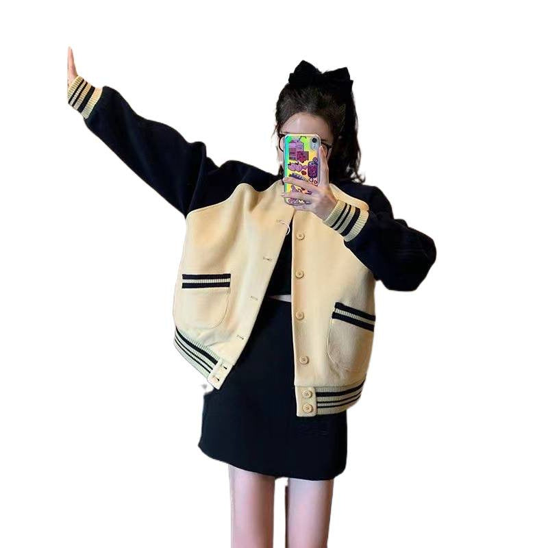 Women's Fashion Oversized College Jacket with Button Closure and Contrast Stripes Lisslune