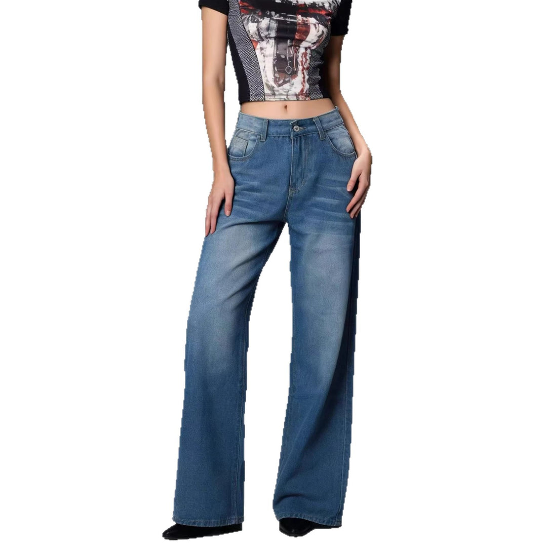 Damen weite Denim-Hose mit Vintage-Waschung und hoch geschnittenem Bund Lisslune