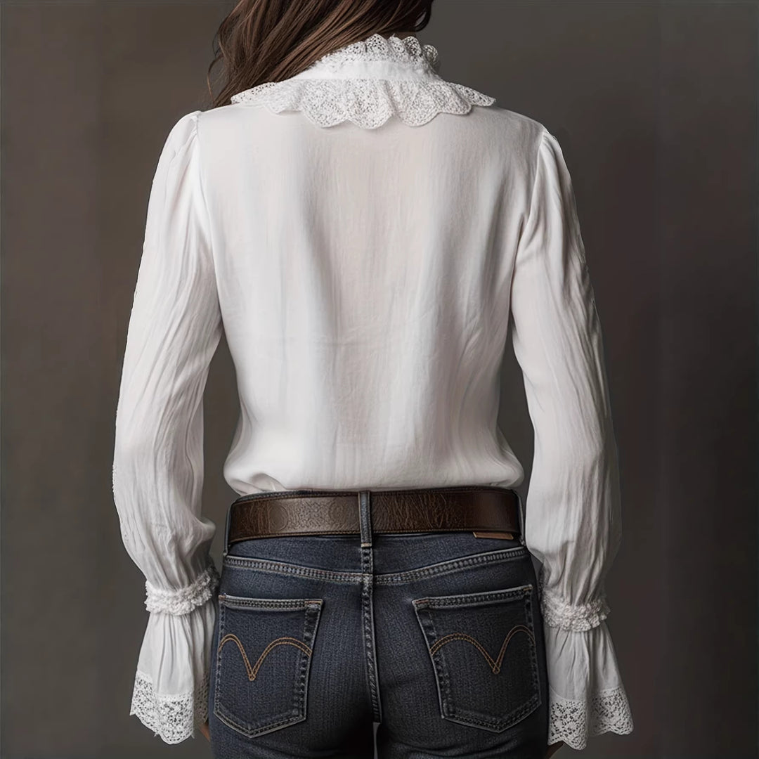 Damen elegante Bluse mit Rüschendetails und Spitzenbesatz Lisslune