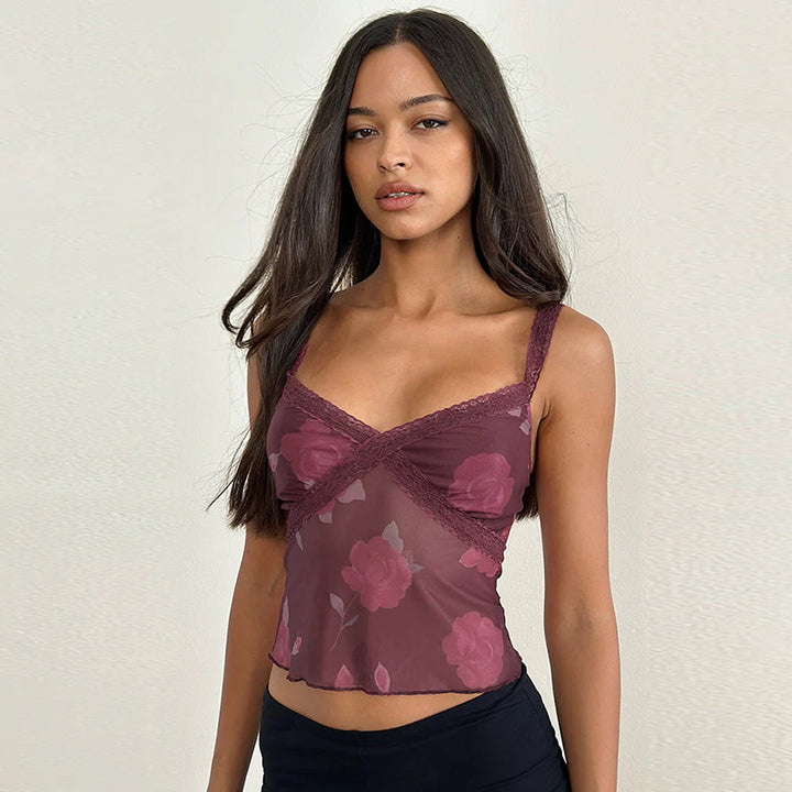 Ladies delicate spaghetti strap top with floral pattern and lace trim Lune London