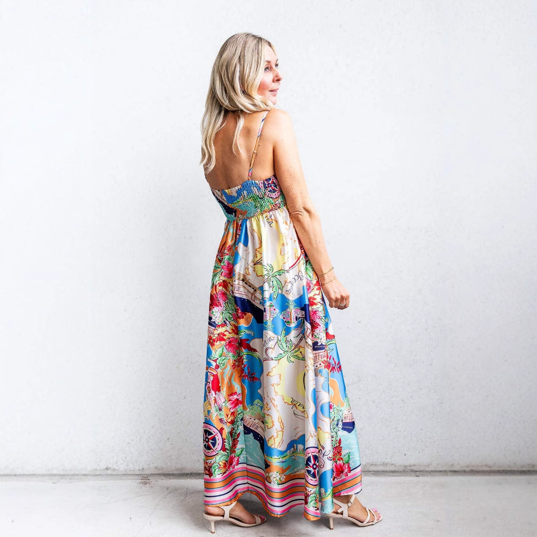 Women's Summer Maxi Dress with Eye-catching Graphic Design and Spaghetti Straps